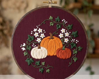 Pumpkin Ivy Hand Embroidery Pattern: Fall Floral Design (PDF Pattern) Autumn Hoop Art ,Printable Template, Digital Download, Wall Decor