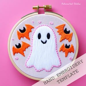 Téléchargement de motif de broderie fantômes et chauves-souris, motif d&#39;Halloween de broderie, un motif de fantaisie, broderie fantasmagorique mignonne broderie à la main d&#39;Halloween