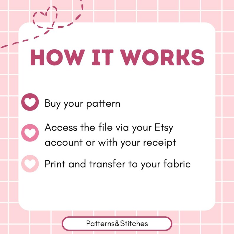 May include: A white informational graphic on a pink grid background with the text HOW IT WORKS. It lists three steps: Buy your pattern, Access the file via your Etsy account or with your receipt, and Print and transfer to your fabric. Patterns&Stitches.