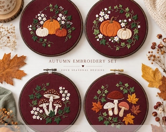 4 Autumn Embroidery Patterns, Pumpkin Mushroom Fall Designs, Cozy Seasonal Bundle (PDF) Hand Embroidery, Hoop Art, Printable Template Set