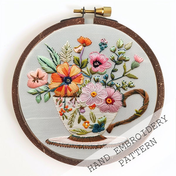 Tea cup with flowers Embroidery template, Instant Download, Teacup Embroidery, Hoop art, Tea Embroidery, Gift For Tea Lover, Handmade Gift