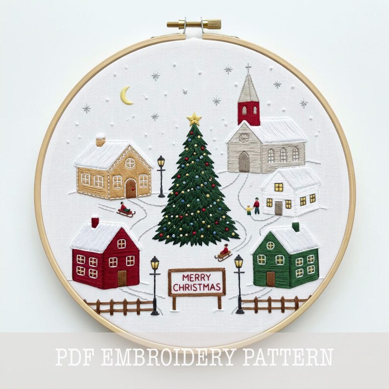 Christmas Village Embroidery Pattern: Festive Holiday Decor, Winter ...