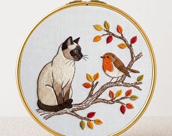 Cat and Bird Embroidery Pattern, Autumn Garden, Hoop Decoration Autumn Woodland Decor Nature Design robin bird design cat lovers gift