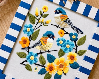 Folk Bluebirds Embroidery Pattern: Floral Hoop Art, hand stitch (PDF)