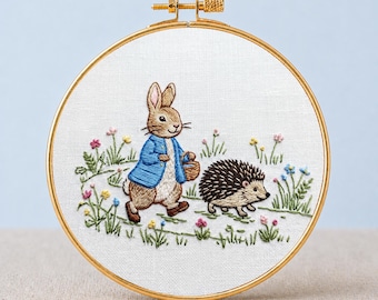 Peter Rabbit and Hedgehog Embroidery PDF Woodland Friends Hoop Art Forest Animal Nursery Meadow Scene Grandma Hobby Printable Download PDF