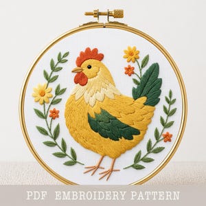 Floral Chicken Embroidery Pattern: Hen & Hare, Beginner Friendly, farmhouse decor (PDF Pattern)