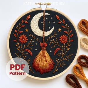 Patrón de bordado a mano de escoba de bruja y luna: diseño de bruja para Halloween (descarga digital en PDF)