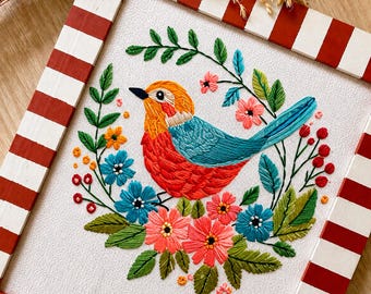 Bird With Flowers Embroidery Pattern: Beginner Hand Stitching