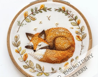 Woodland Fox Embroidery, Animal, Woodland & Forest theme, Sleeping Fox Embroidery, DIY Craft Gift, Modern Embroidery, Needlework, Hoop Art