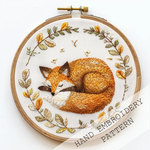 Woodland Fox Embroidery, Animal, Woodland & Forest theme, Sleeping Fox Embroidery, DIY Craft Gift, Modern Embroidery, Needlework, Hoop Art