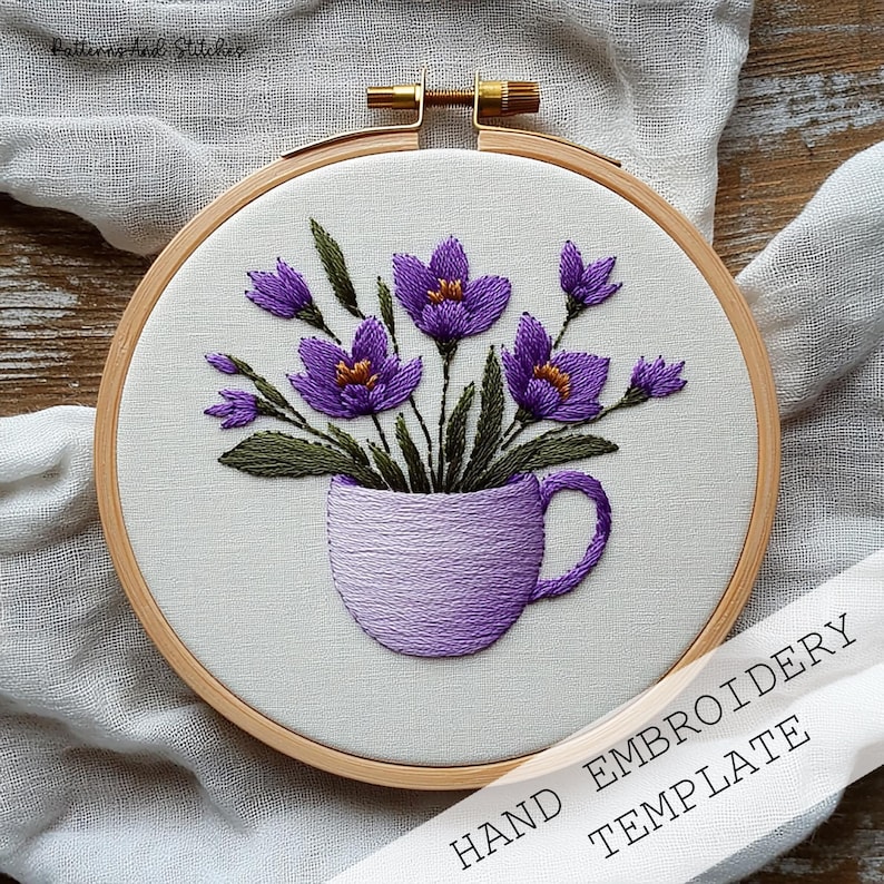 Spring Craft Gift Idea Purple Crocus Mug Embroidery Pattern Mother Day Present Handmade Birthday Gift Lavender Lover Keepsake Thoughtful Artisan Present Tea Lover Craft Surprise Housewarming Handmade Gift Bridal Shower Activity Hen Party Craft Friendship Gift Printable Instant Download Teacher Appreciation Present Cozy Hobby Gift Slow Living Craft Present Spring Season Project Botanical Purple Gift Cottagecore Aesthetic Present Violet Lavender Keepsake DIY Affordable Gift Craft Night