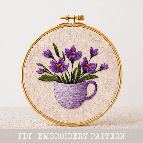 Floral Coffee Cup Embroidery Design: Violet Crocus Pattern (Digital Download)