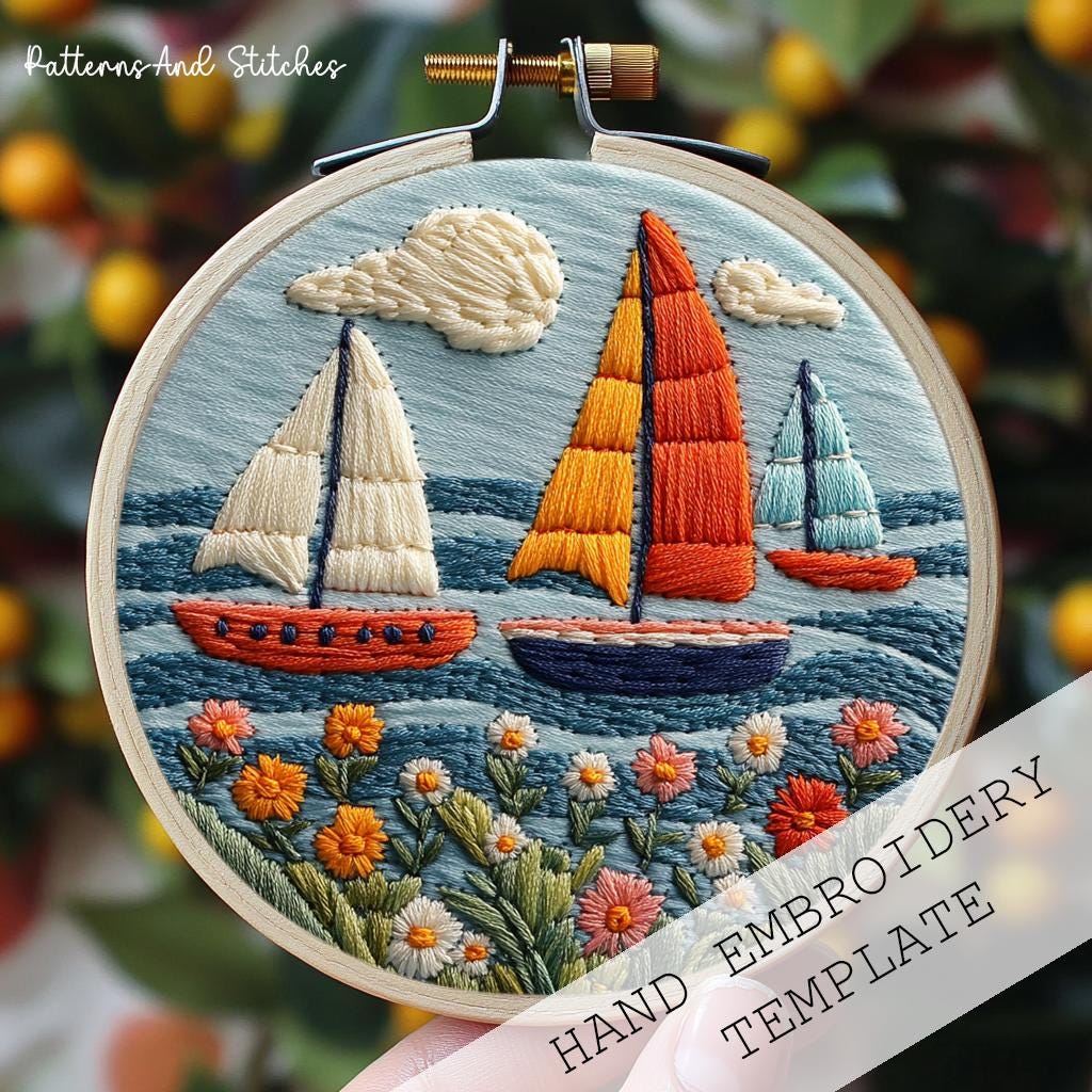 刺繍チャーム 帆船デザイン 帆船の刺繍パターン：夏の風景線画（PDFテンプレート） - Etsy 日本
