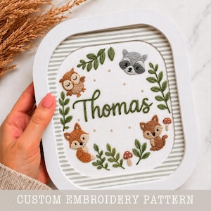 Molde de bordado personalizado com animais da floresta para decoração de quarto de bebê (PDF para download)