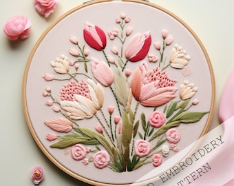 Tulips Hand Embroidery Art, Modern Floral Design (PDF Instant Download)