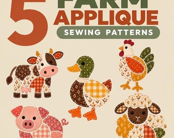 Farm Animal Applique Sewing Pattern Bundle, Cow Pig Sheep Duck Chicken, Patchwork hand sewing, Printable PDF (7") + SVG • Cottagecore