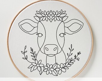 牛の手刺繍テンプレート、かわいい牛の針刺しパターン、ビーガン
