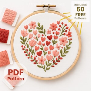 Valentines Floral Heart Embroidery Pattern: DIY Hoop Art , printable template(PDF Template)