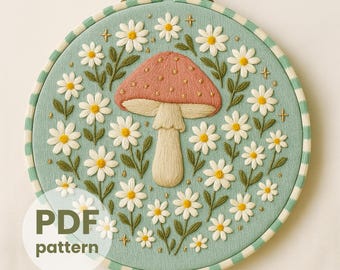 Toadstool & Daisy Hand Embroidery Pattern: Whimsical Garden Art (PDF Downloadable Design, 6 Sizes)