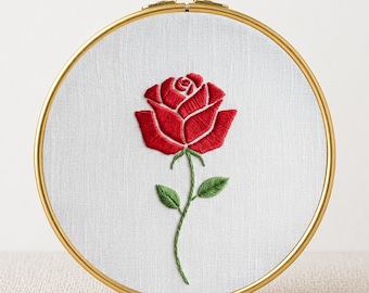 Red Rose PDF Pattern Single Stem Classic Floral Hoop Valentine Gift Romantic Needlework Beginner Instant Download Botanical Satin Stitch