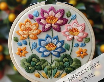 Colorful Lotus Garden Embroidery Pattern: Floral Meadow