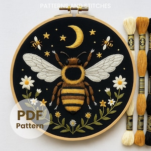 Bee Embroidery Pattern: Floral Buzz, Celestial Design, magic insect art (PDF Downloadable Template)