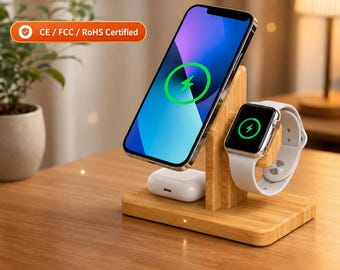 Bamboo MagSafe Charger Stand 3-in-1 Wireless Charging Station iPhone Apple Watch AirPods Desk Organizer Eco Friendly Tech Gift