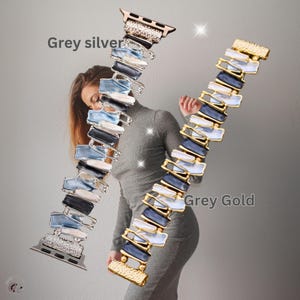 May include: Two Apple Watch bands with a geometric design. The band on the left is silver with blue and black accents. The band on the right is gold with blue and white accents. The text "Grey silver" is above the left band and "Grey Gold" is above the right band.