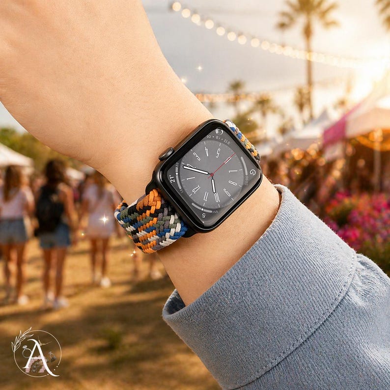 May include: A black smartwatch with a multi-colored woven band featuring orange, blue, and gray threads. The watch displays the time and is worn on a wrist with a blue long-sleeved shirt.