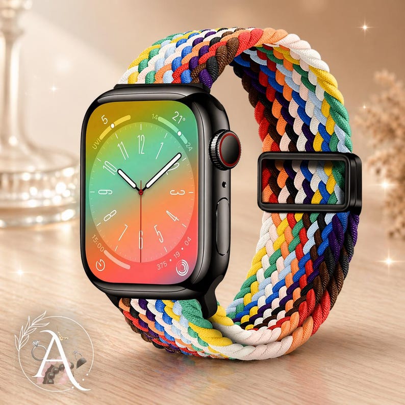 May include: Black smartwatch with a colorful braided band. The watch face displays a gradient of colors and the time. The band is a mix of rainbow colors, secured with a black buckle. The watch is on a wooden surface.