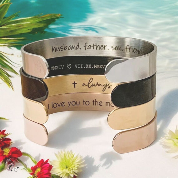 Double Side Laser Engraved Personalised Bracelet Hidden Message Cuff Bangle Engraved Secret Santa Mantras Him or Her Choice Width Etsy