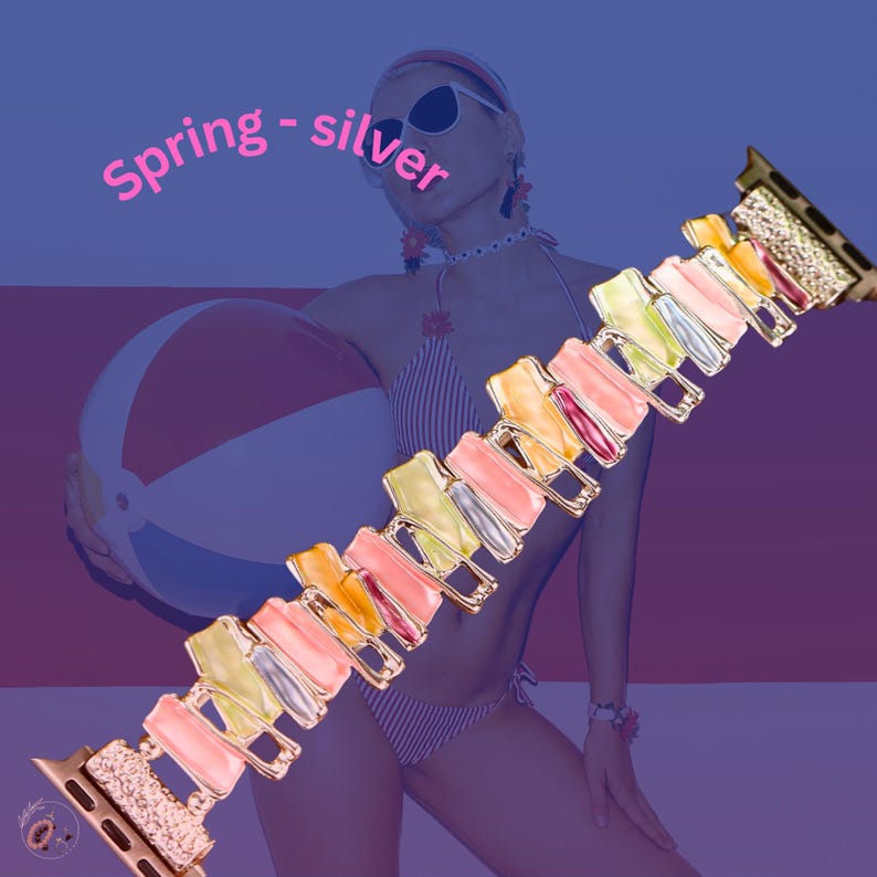 May include: A colorful, multi-colored, iridescent watch band with a silver buckle. The band is made of small, rectangular pieces of plastic that are arranged in a repeating pattern. The band is shown on a model wearing a swimsuit and holding a beach ball.