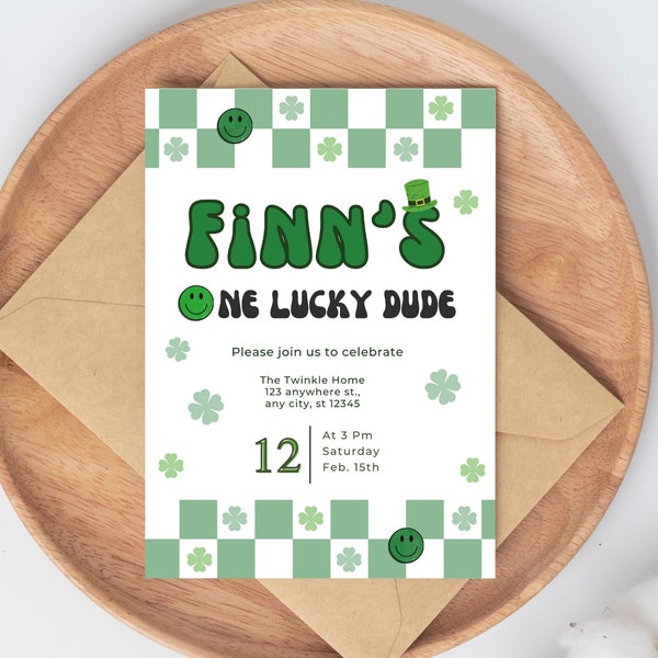 Retro Irish One Lucky Dude Birthday Invitation Template  Smile Face First Birthday Editable Digital Invitation Printable Instant Download