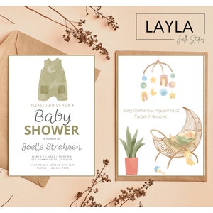 Boho Baby Shower Invitation Template: Green Nature Clothes (Digital PDF)