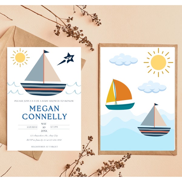 Sail Boat, Nautical, Boat, Coastal Baby Shower Invitation, instant downloadable