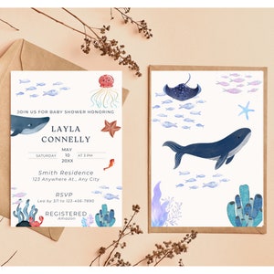 May include: A baby shower invitation with a blue whale, a starfish, a jellyfish, and coral. The invitation is for Layla Connelly and is set for Saturday, May 10th at 3 PM. The address is Smith Residence, 123 Anywhere At., Any City. RSVP by 3/1 to 123-456-7890. The invitation also says "Registered Amazon".