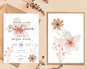 May include: A baby shower invitation featuring a watercolour floral design. The invitation is for Megan Stroh on Monday, 16th May 2023 at 6 PM. The address is 123 Anywhere St., Any City. RSVP to Kerry at 123-456-7895.