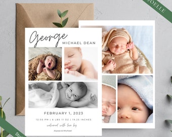 Photo Birth Announcement Template, Minimalist Baby Announcement Card, Newborn, Upload Your Photo, Instant Editable Download