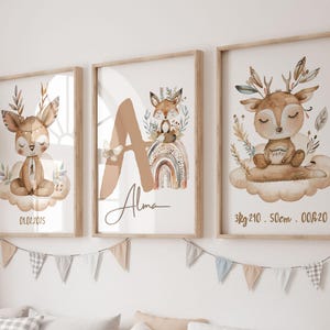 Set di 3 poster personalizzati per bambini - Nome e iniziale - Decorazione murale Boho - Poster per la camera dei bambini