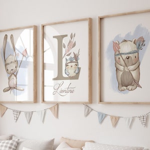 conjunto de 3 carteles, animal boho, habitación de bebé boho azul, 3 carteles de bebé personalizados, cartel de nombre, regalo de nacimiento