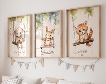 Set de 3 affiches pour une décoration mural de chambre bébé, animaux de la foret, mouton lapin petit chat, 3 aquarelles, posters enfant.