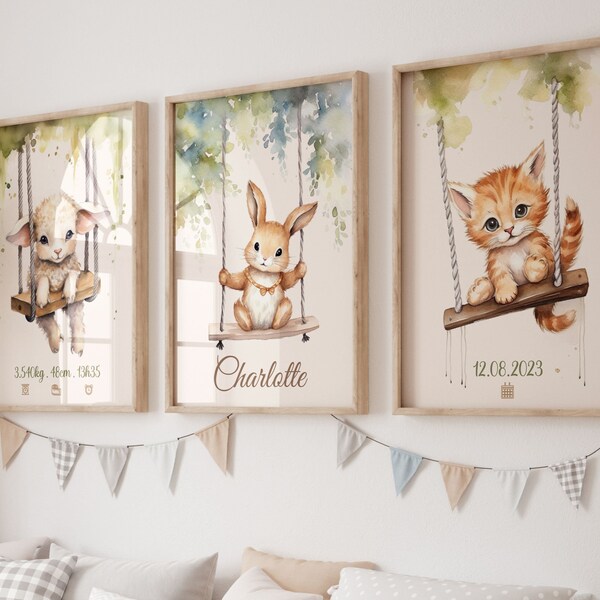 Set de 3 affiches pour une décoration mural de chambre bébé, animaux de la foret, mouton lapin petit chat, 3 aquarelles, posters enfant.