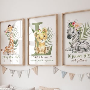 Juego de 3 carteles de nacimiento de Safari, arte de pared moderno para una habitación de bebé con temática de la jungla. regalo de nacimiento del bebé.