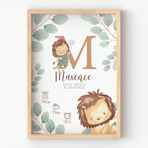 Pôster de leão, nascimento na selva, pôster de bebê personalizado para decoração de parede do quarto de um bebê, presente de nascimento para uma jovem mãe