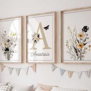 Conjunto de 3 carteles de flores silvestres, decoración boho, dormitorio boho de niña, arte de pared de niña con nombre e inicial.