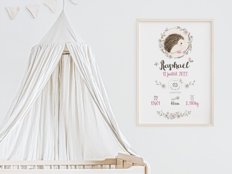 May include: A white framed print with a watercolor illustration of a hedgehog surrounded by flowers. The print includes the name "Rapha&euml;l", the date "13 juillet 2022", the zodiac sign Cancer, and the baby's birth stats: 12h01, 48cm, 3.110kg.