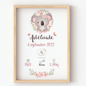 affiche koala mignon, cadre personnalisé bébé pour une décoration murale de chambre de bébé safari. naissance de bébé