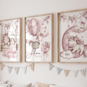Set de 3 Affiches Personnalisées Prénom – Licorne et Arc-en-ciel Aquarelle – Illustration Féerique pour Chambre Fille – Déco Murale Magique.