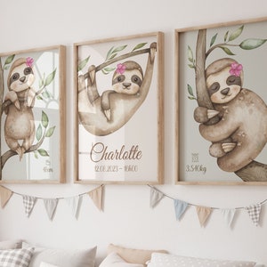 3 posters bébé personnalisés, mignon paresseux, affiche prénom de bébé, animaux de la jungle, date taille poids heure, naissance de bébé.