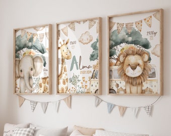 Set of 3 personalized posters, savannah theme baby decoration, Jungle animals baby posters, baby elephant illustration, lion giraffe